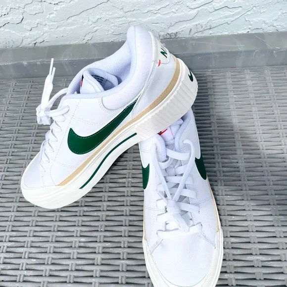 Nike White Leather Sneakers with Green and Tan Accents - Picture 1 of 5
